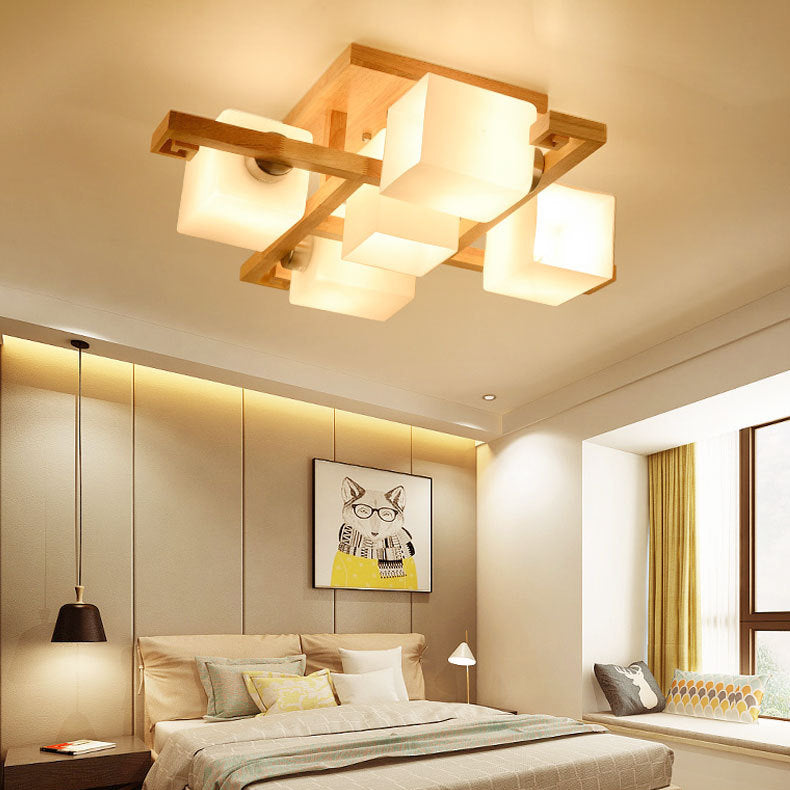 Wood Geometric Flush Mount Lights Contemporary Style Multi Lights Flush Ceiling Light