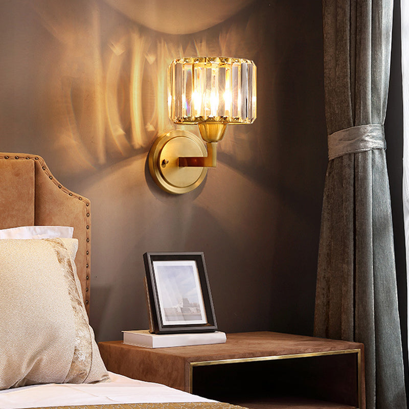 Crystal Cylinder Shape Sconce Light Modern-Style 1 Light Wall Light Fixtures in Gold