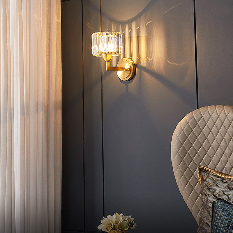 Crystal Cylinder Shape Sconce Light Modern-Style 1 Light Wall Light Fixtures in Gold