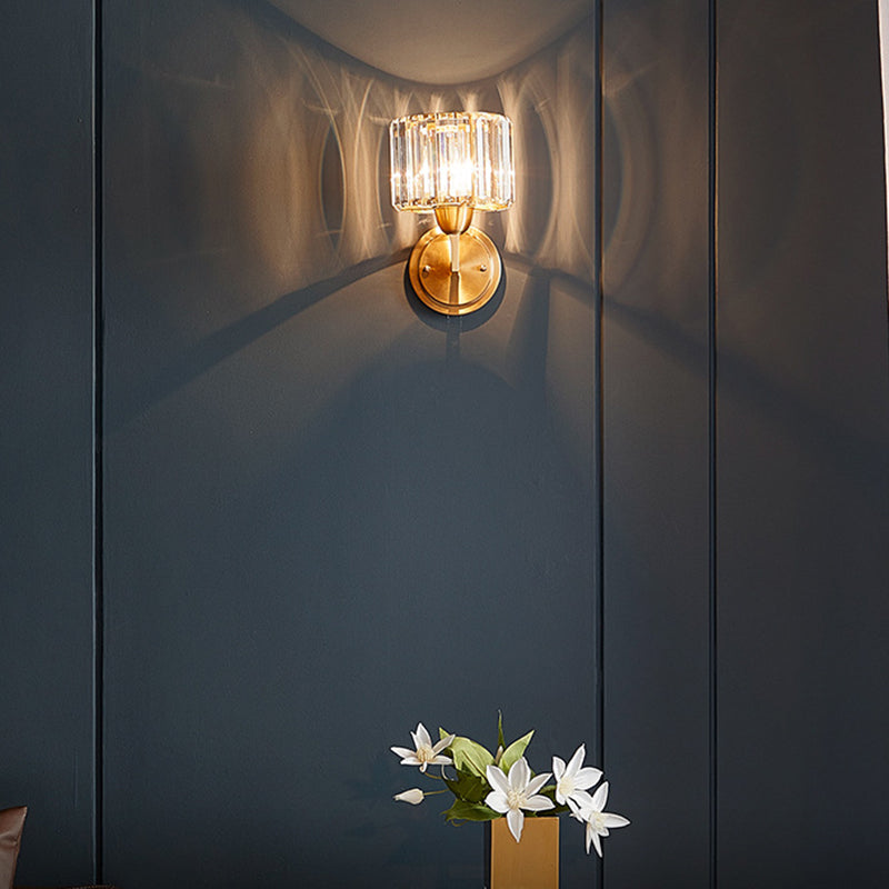 Crystal Cylinder Shape Sconce Light Modern-Style 1 Light Wall Light Fixtures in Gold