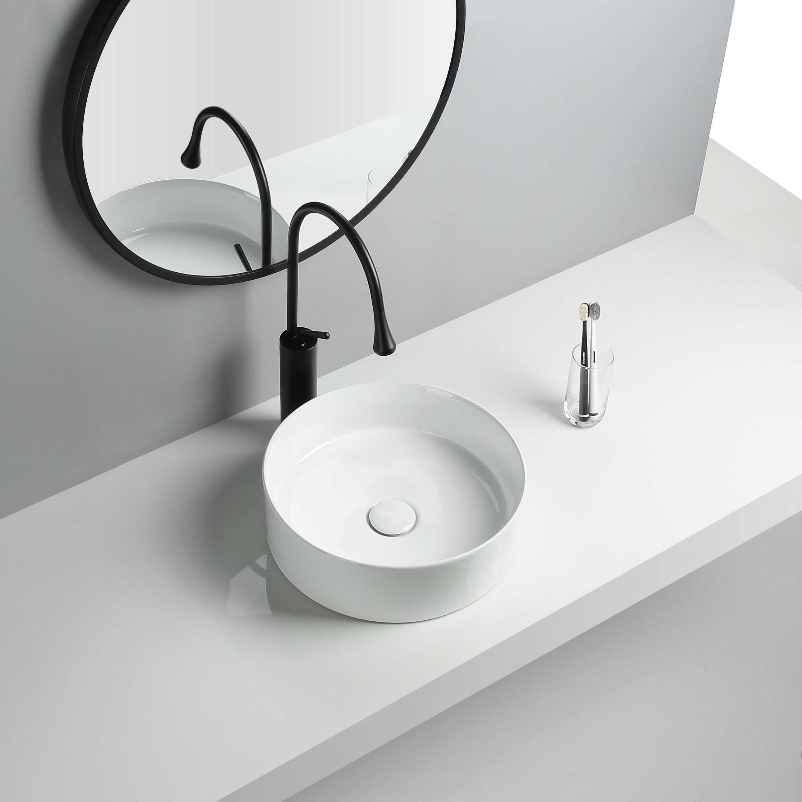 Modern Vessel Sink Round Porcelain Drain Assembly and Faucet Vessel Lavatory Sink