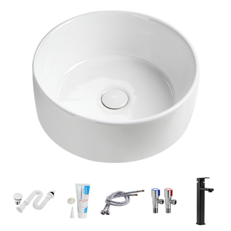 Modern Vessel Sink Round Porcelain Drain Assembly and Faucet Vessel Lavatory Sink