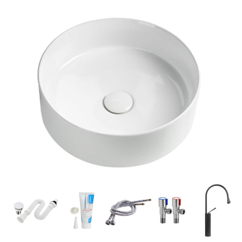 Modern Vessel Sink Round Porcelain Drain Assembly and Faucet Vessel Lavatory Sink
