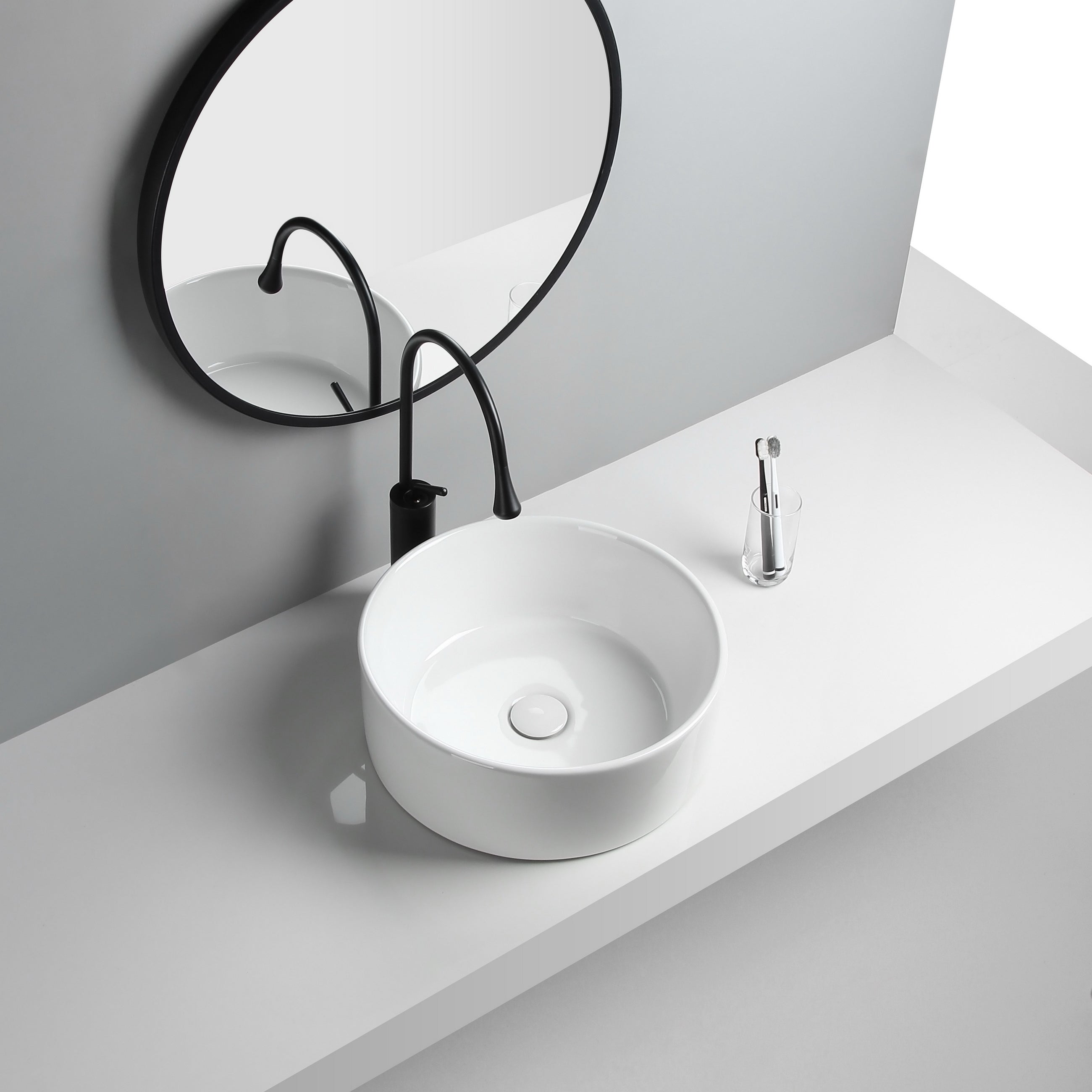 Modern Vessel Sink Round Porcelain Drain Assembly and Faucet Vessel Lavatory Sink