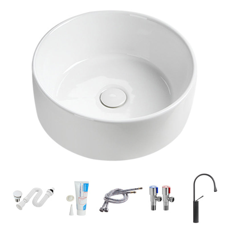 Modern Vessel Sink Round Porcelain Drain Assembly and Faucet Vessel Lavatory Sink
