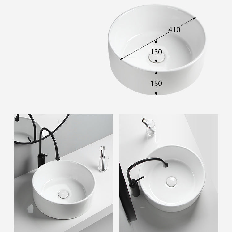 Modern Vessel Sink Round Porcelain Drain Assembly and Faucet Vessel Lavatory Sink