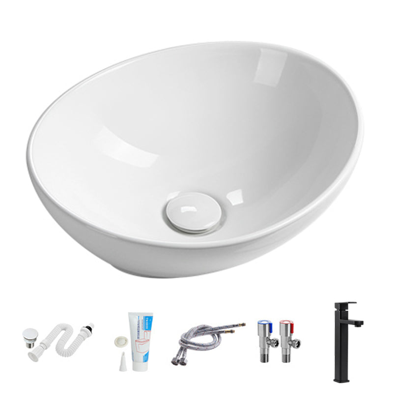 Modern Vessel Lavatory Sink Porcelain Oval with Faucet and Drain Assembly Vessel Sink