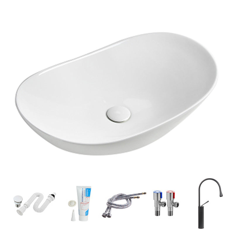 Modern Vessel Lavatory Sink Porcelain Oval with Faucet and Drain Assembly Vessel Sink
