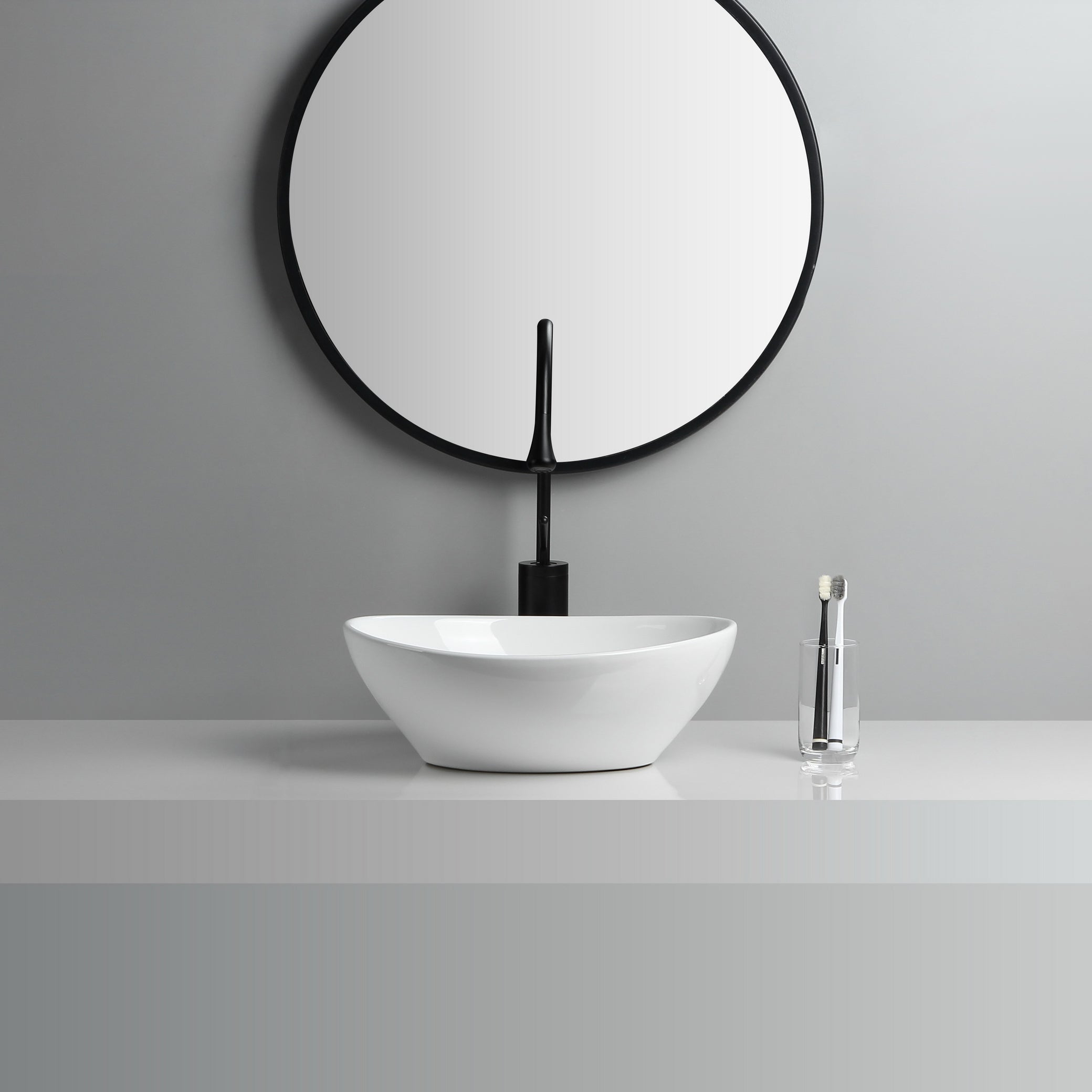 Modern Vessel Lavatory Sink Porcelain Oval with Faucet and Drain Assembly Vessel Sink
