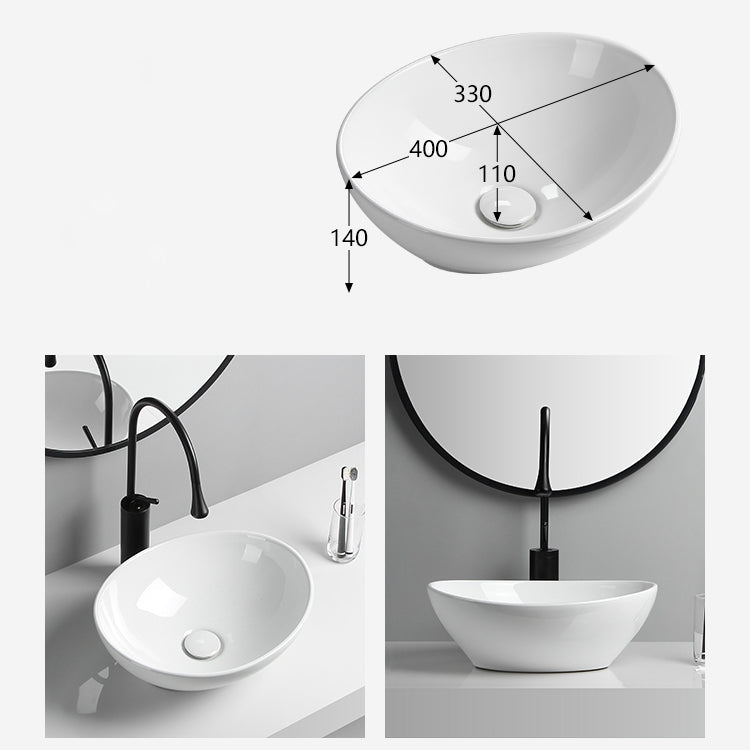 Modern Vessel Lavatory Sink Porcelain Oval with Faucet and Drain Assembly Vessel Sink