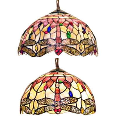 Dome Ceiling Lamp Tiffany Shell 3 Bulbs Pink Hanging Pendant Light with Dragonfly Pattern, 12"/16" Wide