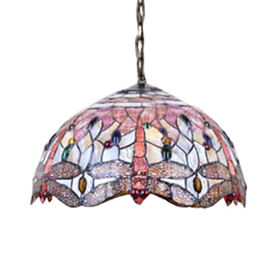 Dome Ceiling Lamp Tiffany Shell 3 Bulbs Pink Hanging Pendant Light with Dragonfly Pattern, 12"/16" Wide