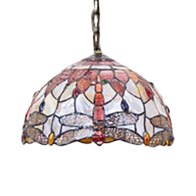 Dome Ceiling Lamp Tiffany Shell 3 Bulbs Pink Hanging Pendant Light with Dragonfly Pattern, 12"/16" Wide