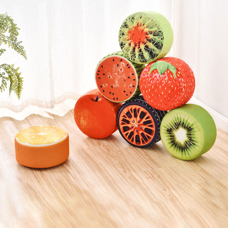 Round Pouf Upholstered Scratch Resistant Contemporary Fruit Printed Fabric Footstool