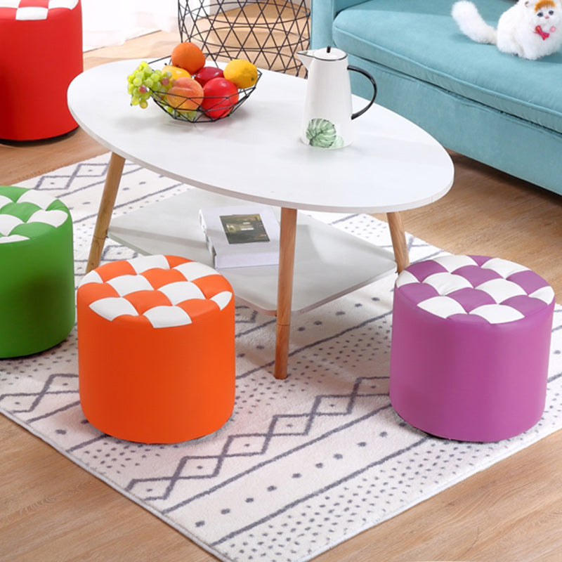 Contemporary Pouf Ottoman Faux Leather Tufted Square Pattern Cylinder Shape Ottoman