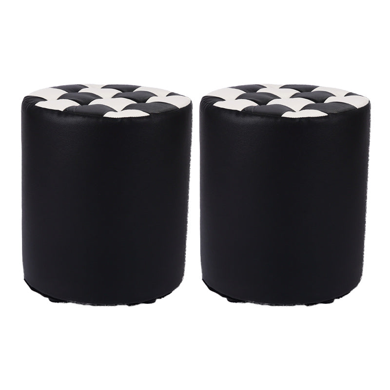 Contemporary Pouf Ottoman Faux Leather Tufted Square Pattern Cylinder Shape Ottoman
