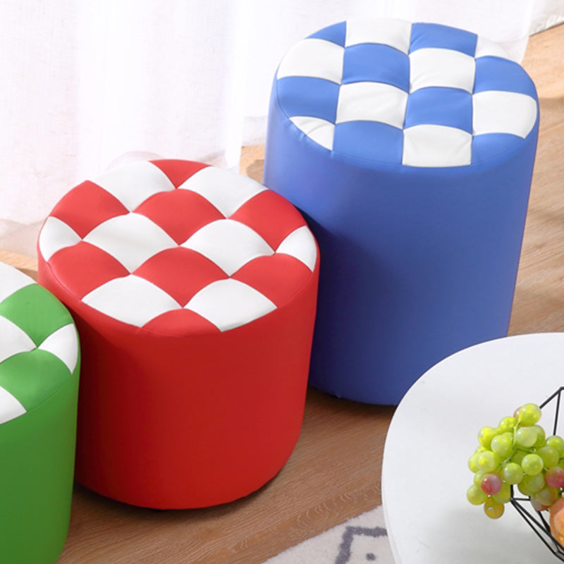 Contemporary Pouf Ottoman Faux Leather Tufted Square Pattern Cylinder Shape Ottoman