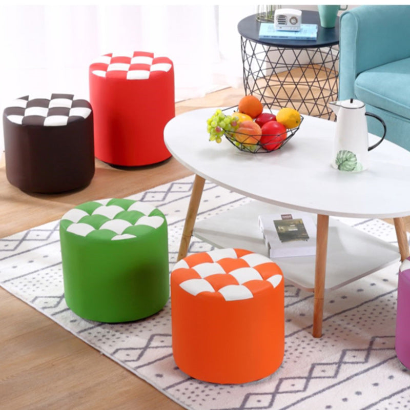 Contemporary Pouf Ottoman Faux Leather Tufted Square Pattern Cylinder Shape Ottoman