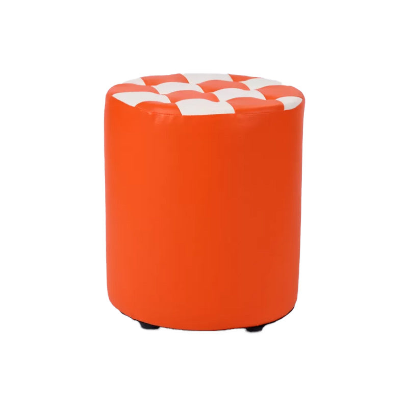 Contemporary Pouf Ottoman Faux Leather Tufted Square Pattern Cylinder Shape Ottoman