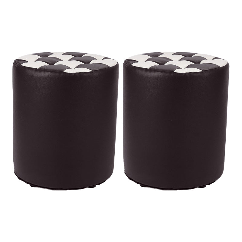 Contemporary Pouf Ottoman Faux Leather Tufted Square Pattern Cylinder Shape Ottoman