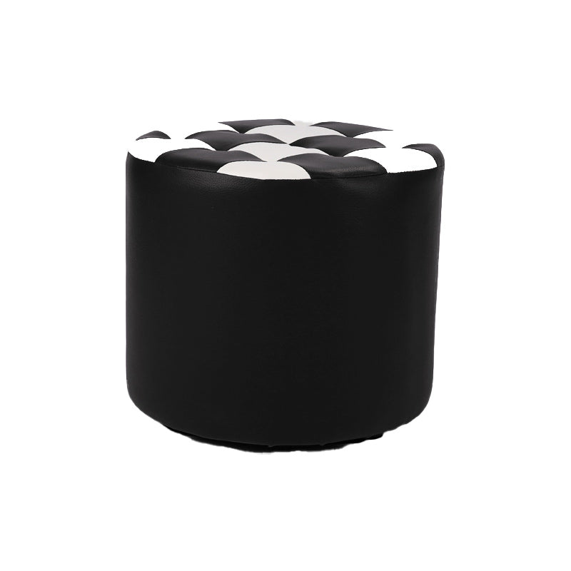 Contemporary Pouf Ottoman Faux Leather Tufted Square Pattern Cylinder Shape Ottoman