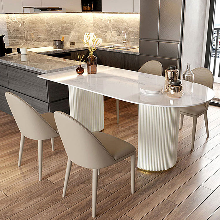 Double Pedestal Dining Table Stone Top Dining Table in White for Kitchen