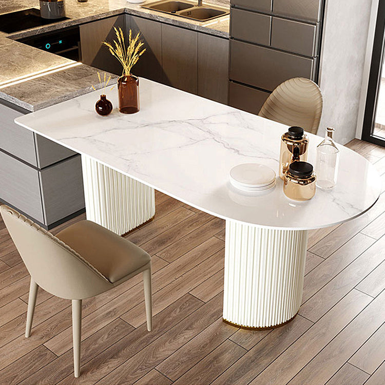 Double Pedestal Dining Table Stone Top Dining Table in White for Kitchen