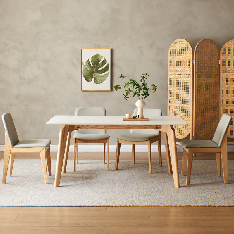 Mid-Century Modern Dining Table White Stone Top Table with Wooden Base