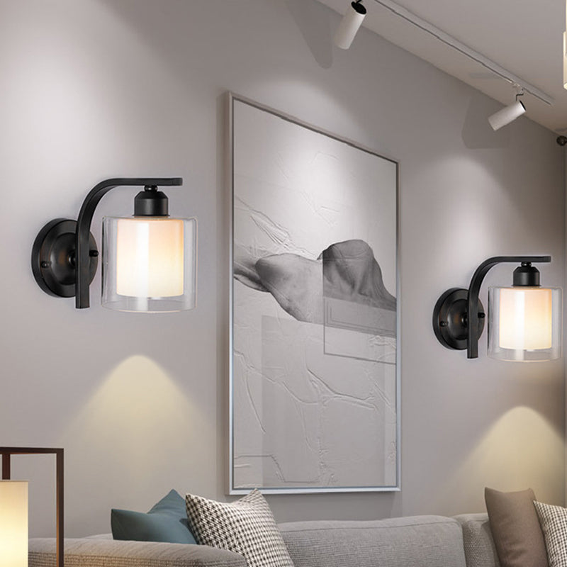 Modern Style Cylinder Shape Wall Light Glass 1 Light Sconces in Black for Bedroom