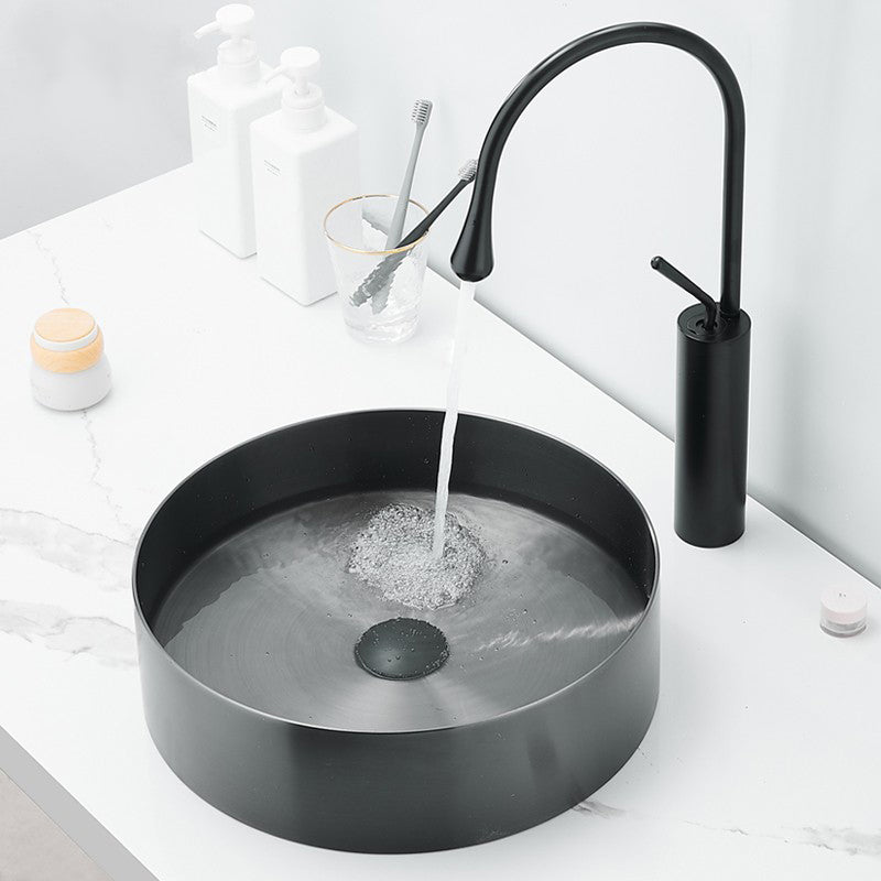 Modern Basin Sink Metal Round with Pop-Up Drain and Faucet Vessel Bathroom Sink