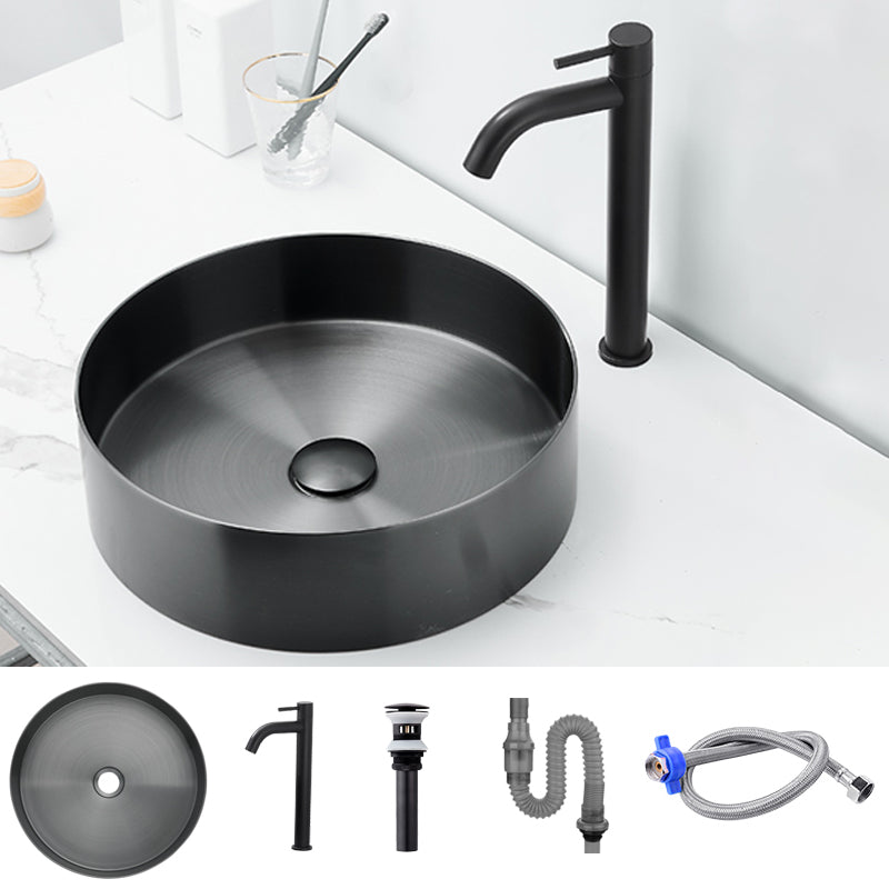 Modern Basin Sink Metal Round with Pop-Up Drain and Faucet Vessel Bathroom Sink