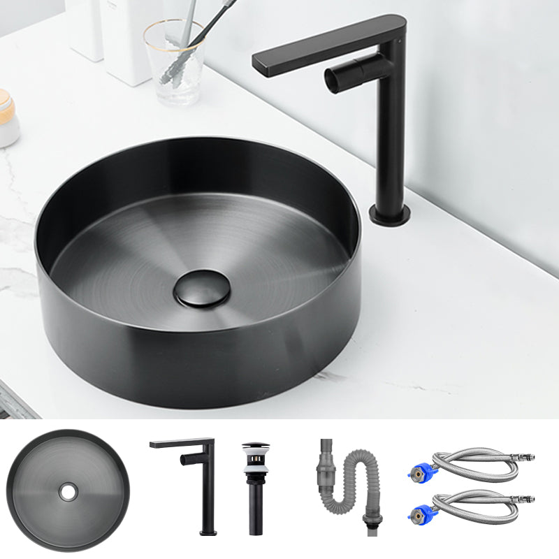 Modern Basin Sink Metal Round with Pop-Up Drain and Faucet Vessel Bathroom Sink