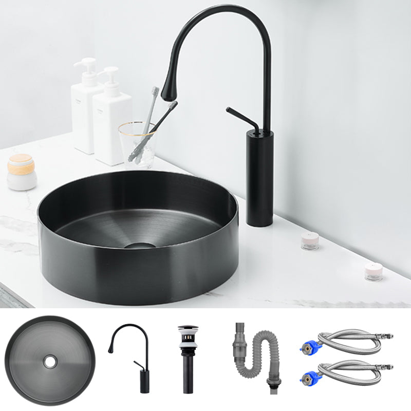 Modern Basin Sink Metal Round with Pop-Up Drain and Faucet Vessel Bathroom Sink