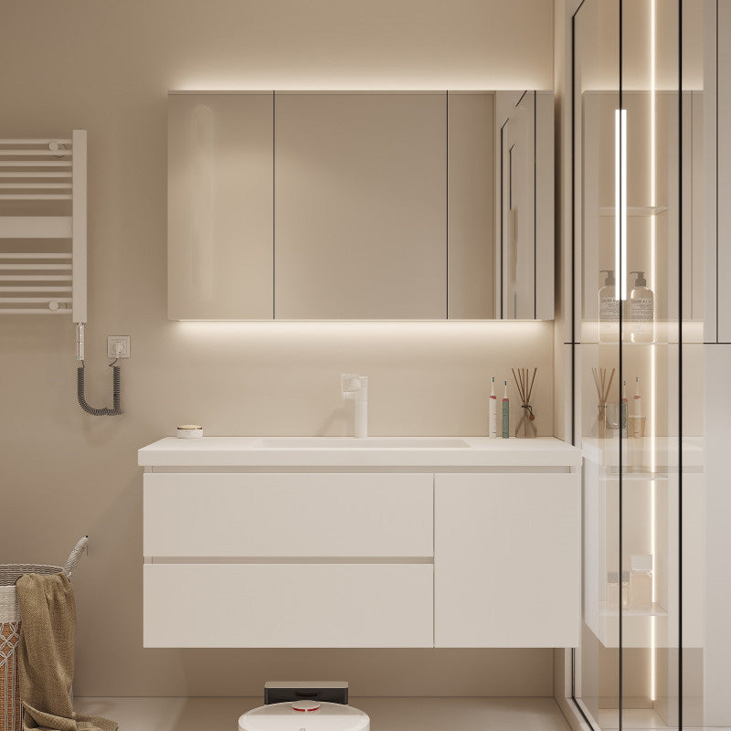 Drawers Vanity Set White Wood Rectangle Single Sink Wall Mount Bath Vanity with Mirror