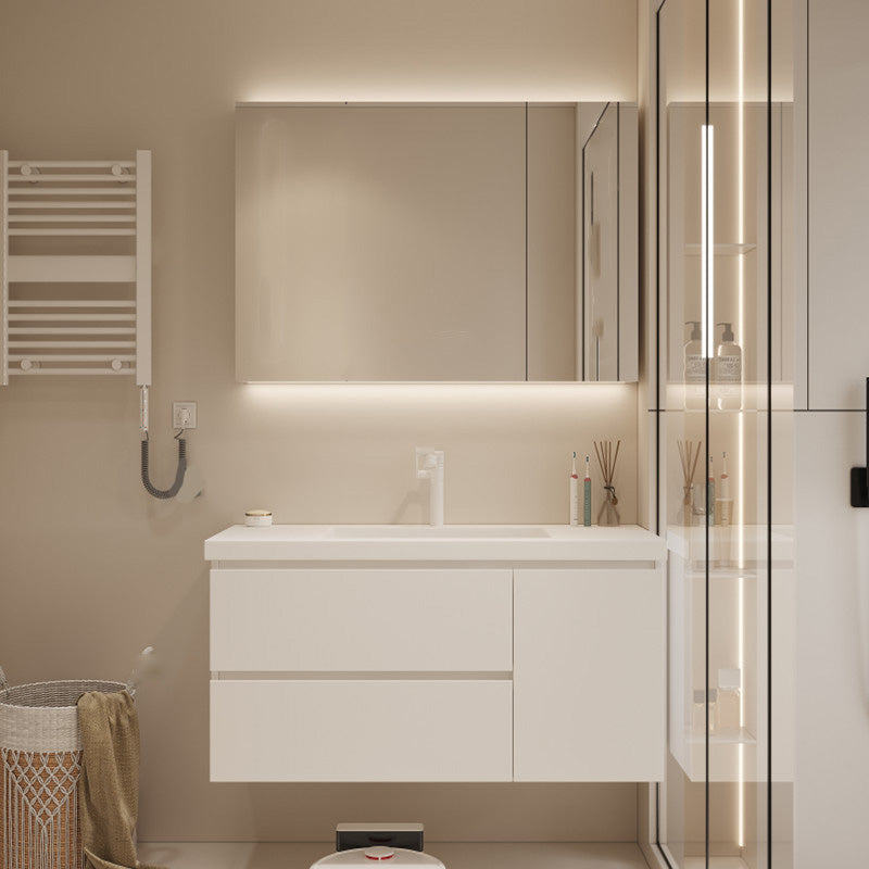 Drawers Vanity Set White Wood Rectangle Single Sink Wall Mount Bath Vanity with Mirror