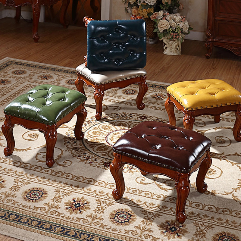 Mid-Century Modern Ottoman Faux Leather Tufted Nailhead Trim Rectangle Ottoman