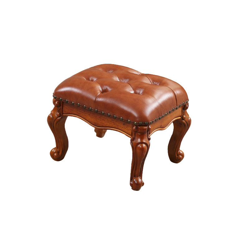 Mid-Century Modern Ottoman Faux Leather Tufted Nailhead Trim Rectangle Ottoman