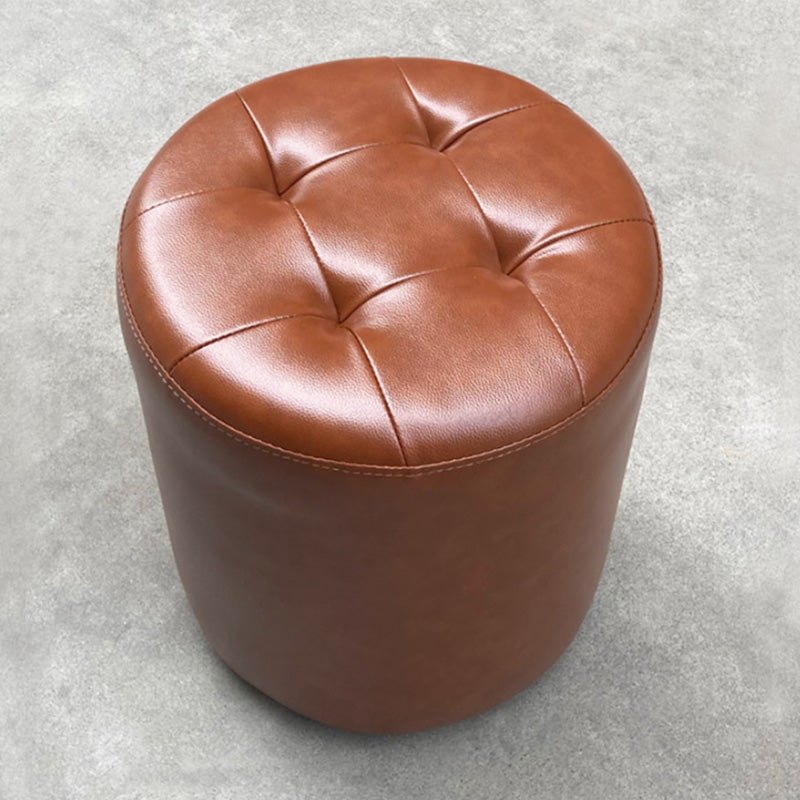 Mid-Century Modern Pouf Ottoman Genuine Leather Tufted Cylinder Shape Ottoman