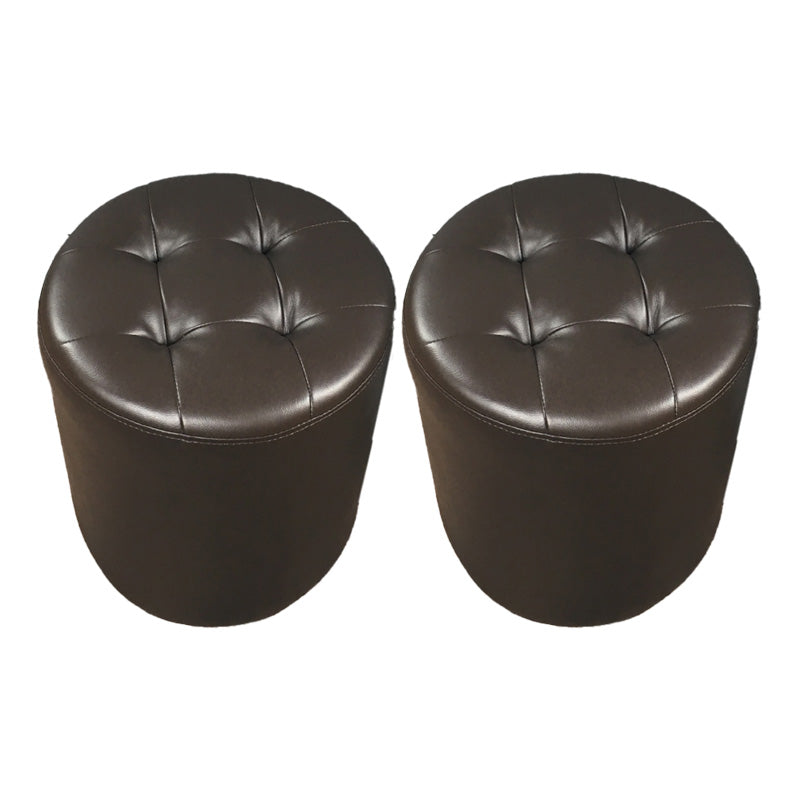 Mid-Century Modern Pouf Ottoman Genuine Leather Tufted Cylinder Shape Ottoman
