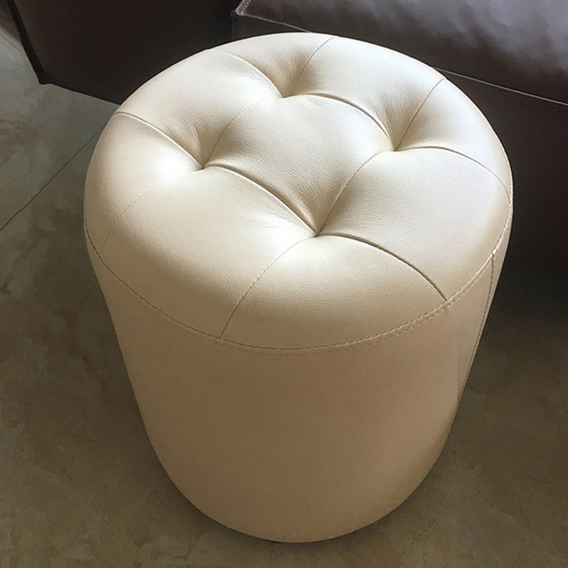 Mid-Century Modern Pouf Ottoman Genuine Leather Tufted Cylinder Shape Ottoman