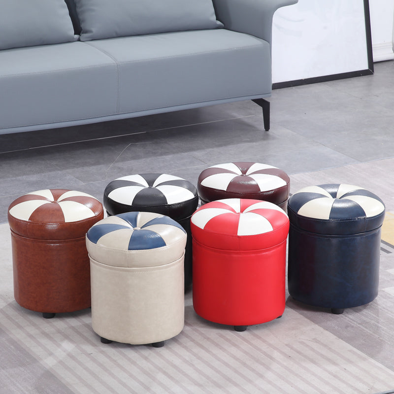 Wine Red Round Pouf Leather Color Piece Pouf for Drawing Room