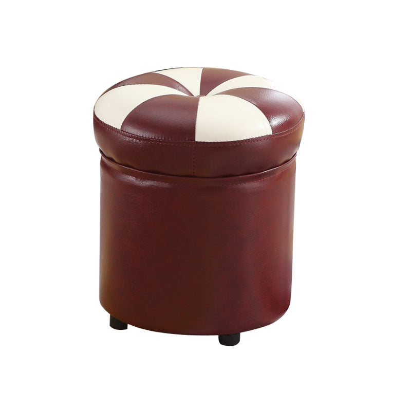 Wine Red Round Pouf Leather Color Piece Pouf for Drawing Room