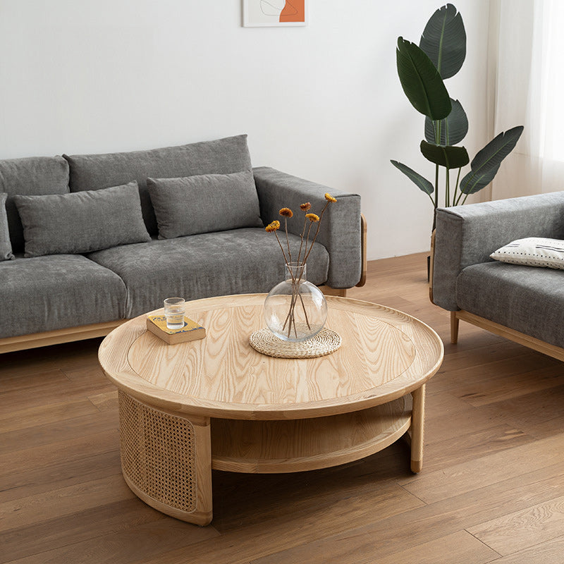 15"H Contemporary Cocktail Table Round Solid Wood Single Coffee Table