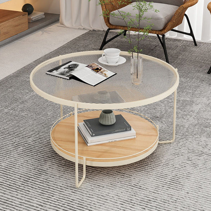 Glass Round Coffee Table 3 Legs Base Type Cocktail Table with Storage