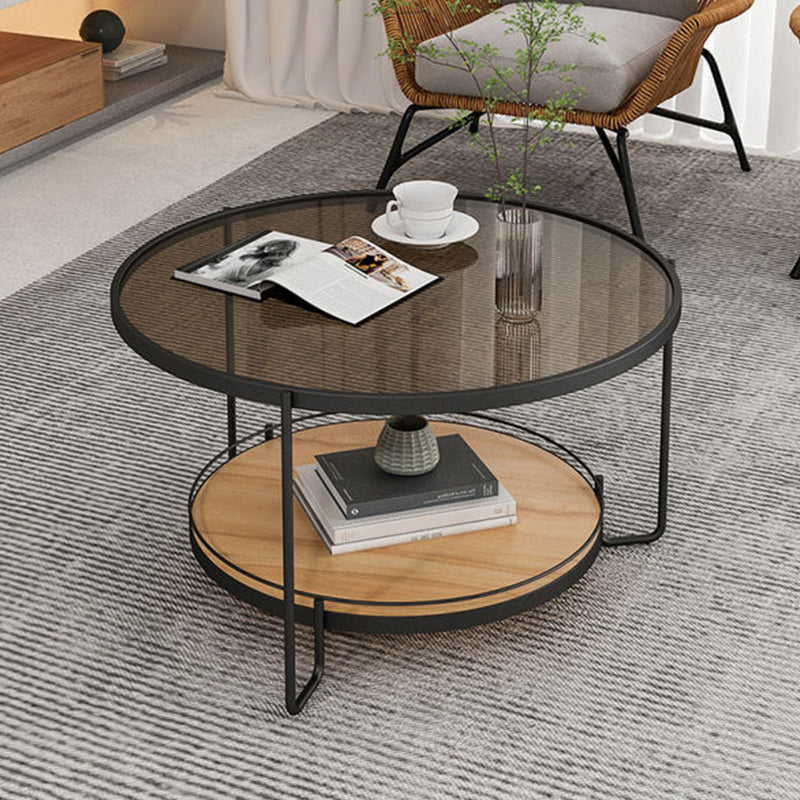 Glass Round Coffee Table 3 Legs Base Type Cocktail Table with Storage