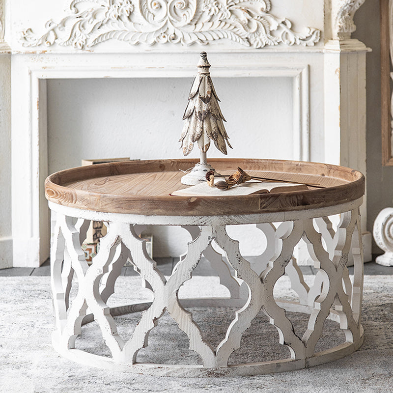 Wood Round Top Side Table Metal Base End Table - Distressed Surface Treatment