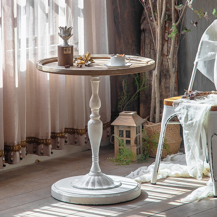 Wood Round Top Side Table Metal Base End Table - Distressed Surface Treatment