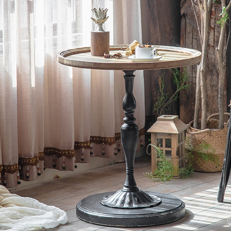 Wood Round Top Side Table Metal Base End Table - Distressed Surface Treatment