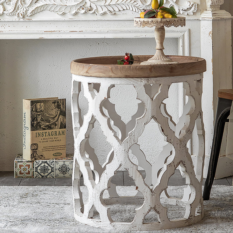 Wood Round Top Side Table Metal Base End Table - Distressed Surface Treatment