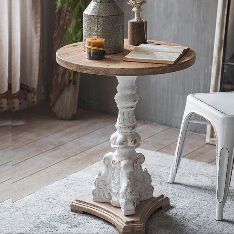 Wood Round Top Side Table Metal Base End Table - Distressed Surface Treatment